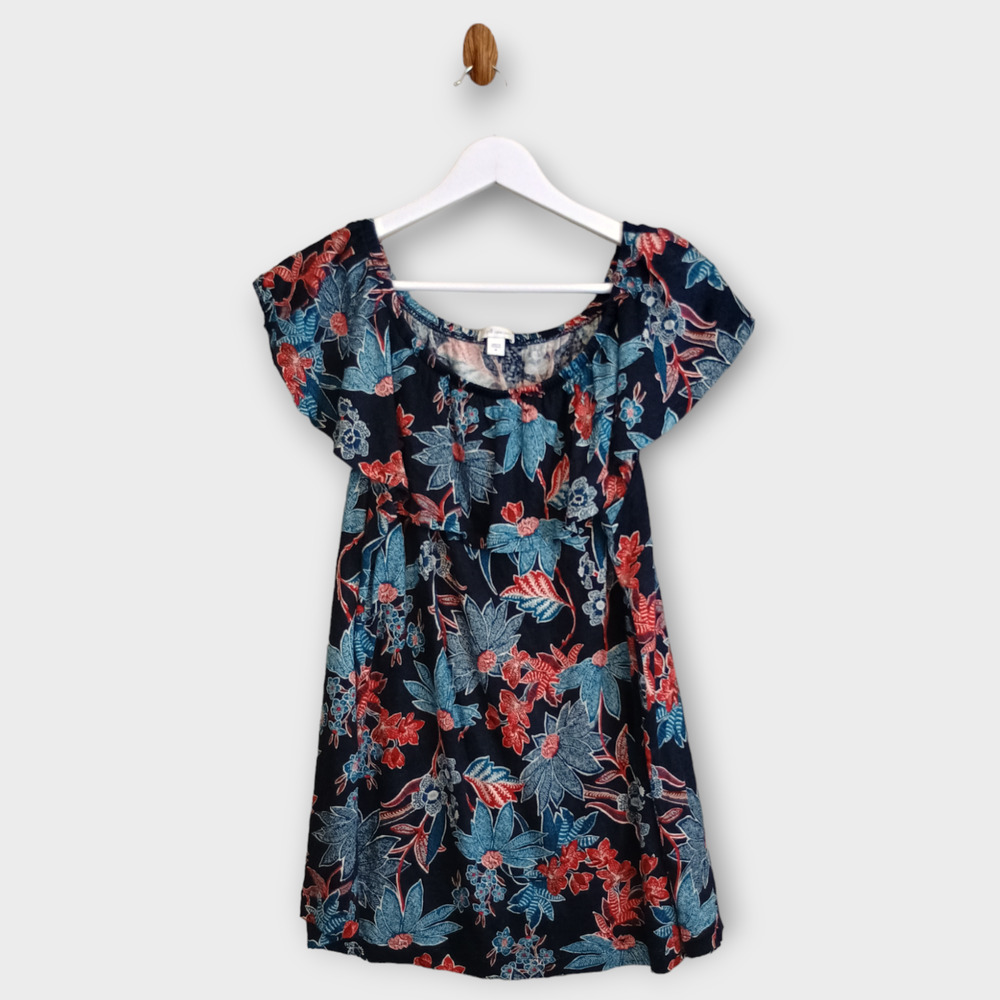 J Jill Love Linen Shirt Women Medium Tropical Sarasa Off the Shoulder Ruffled